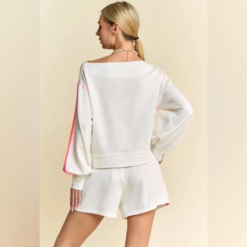 White Sweatshirt and Shorts Set with Colorful Stripes - Picture 3 of 3